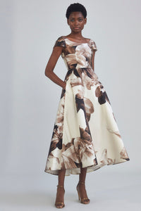 P406M - Printed Mikado Tea-Length Dress